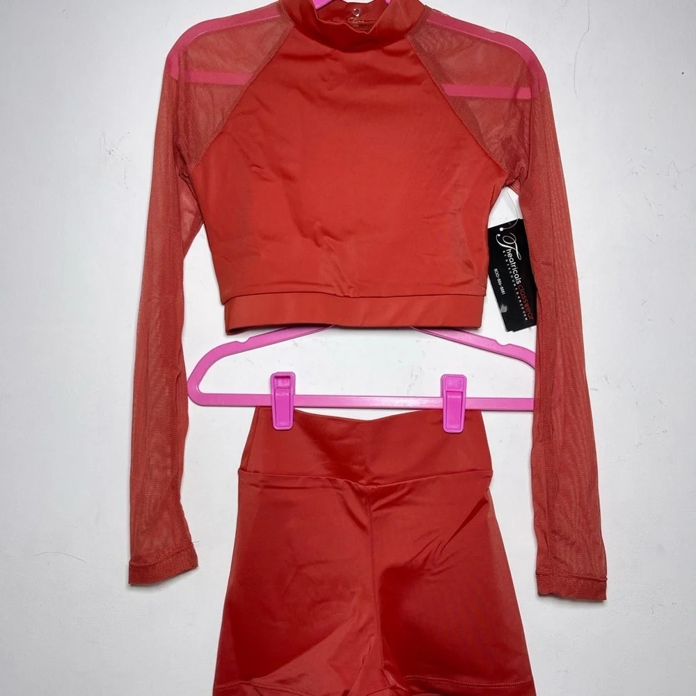 Theatricals Classwear orange Crop Top Shorts Set Dance Gymnastics Workout NWT